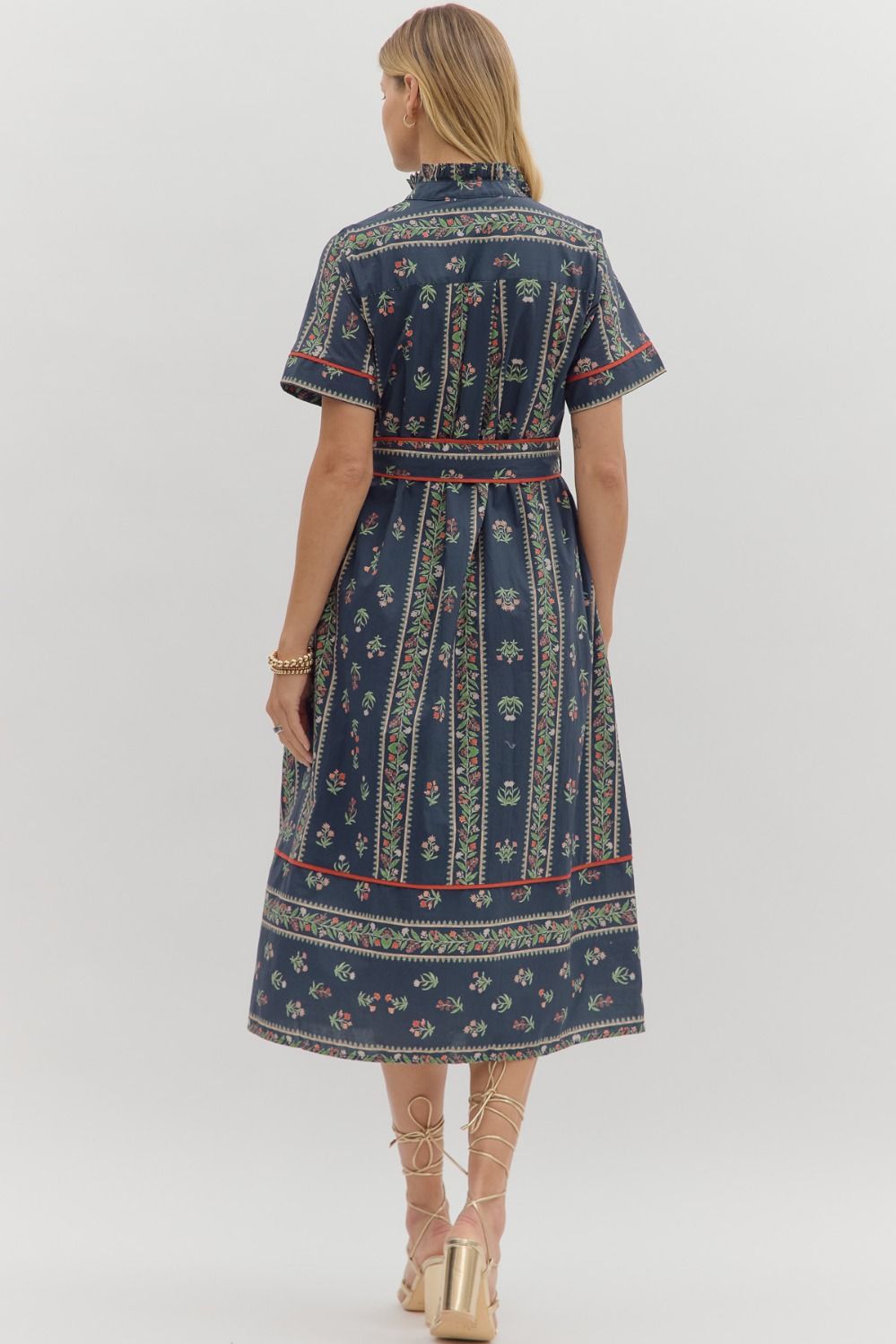 Navy Floral Short Sleeve Midi Shirt Dress