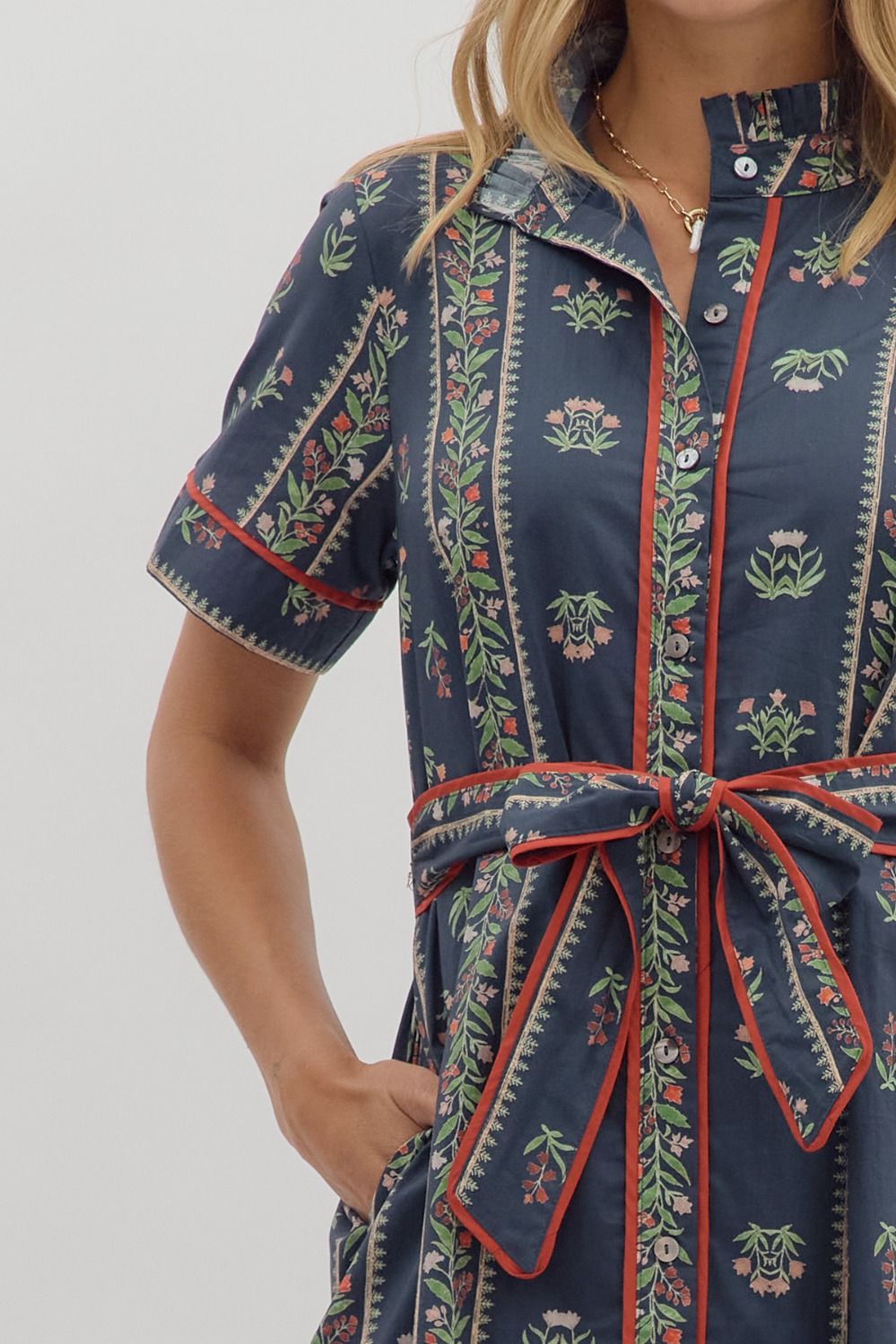 Navy Floral Short Sleeve Midi Shirt Dress