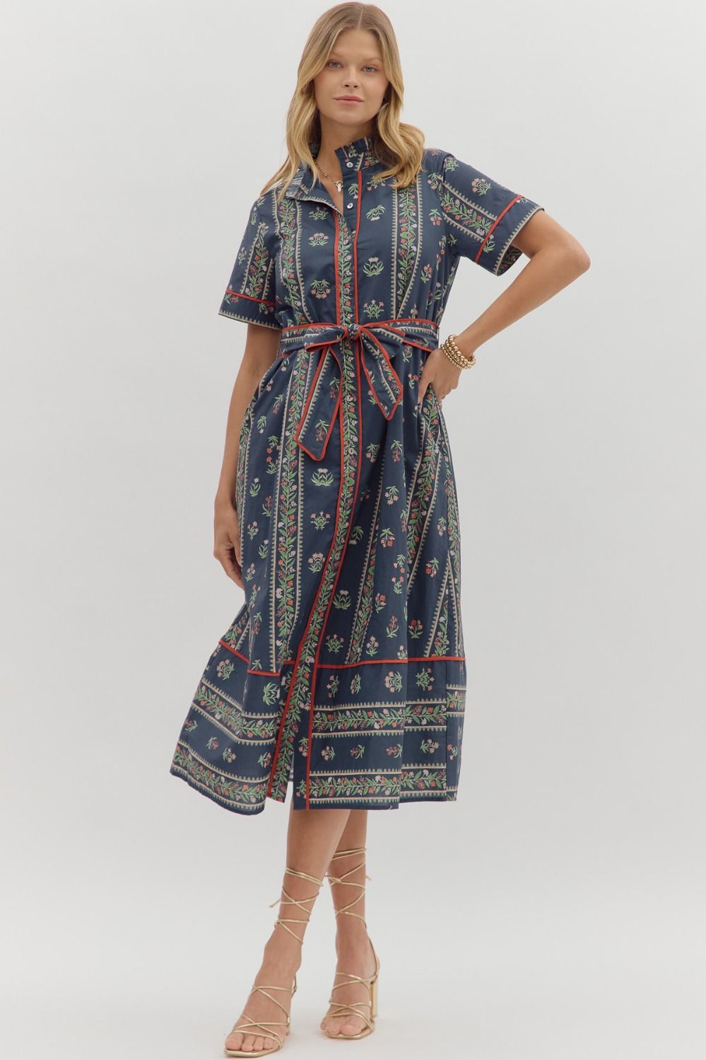 Navy Floral Short Sleeve Midi Shirt Dress