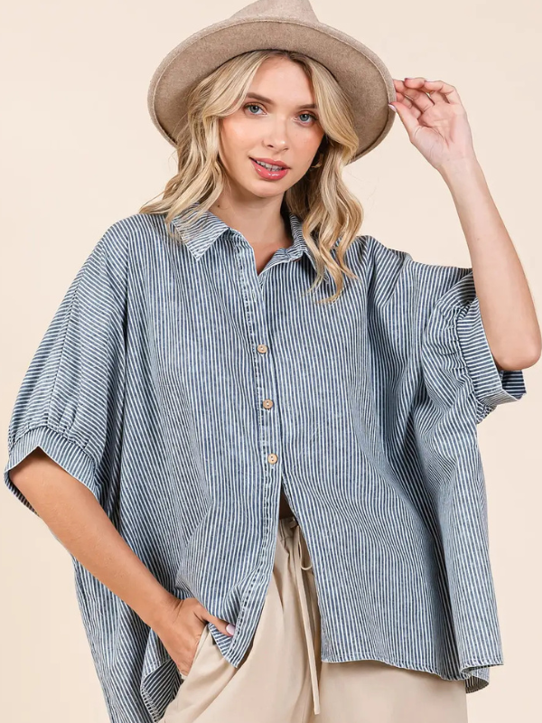 Navy Pinstripe Short Sleeve Button Top