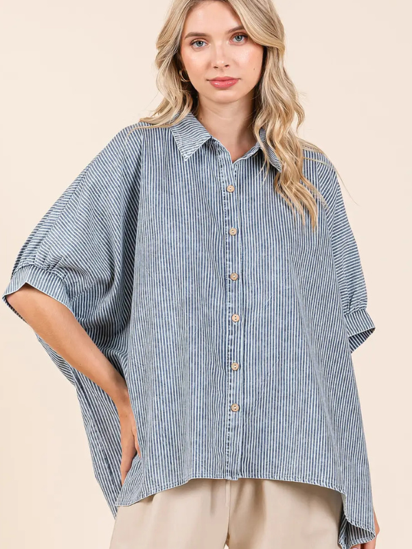 Navy Pinstripe Short Sleeve Button Top