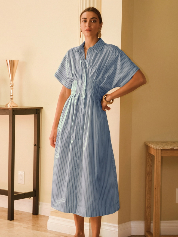 Navy Pinstriped Poplin Midi Shirt Dress