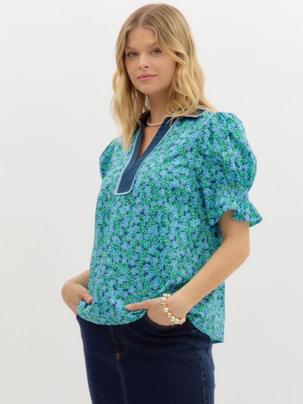 Navy + Teal Floral Puff Sleeve Top