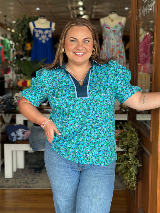 Navy + Teal Floral Puff Sleeve Top