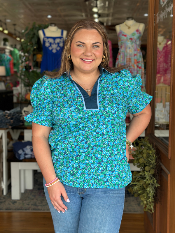 Navy + Teal Floral Puff Sleeve Top