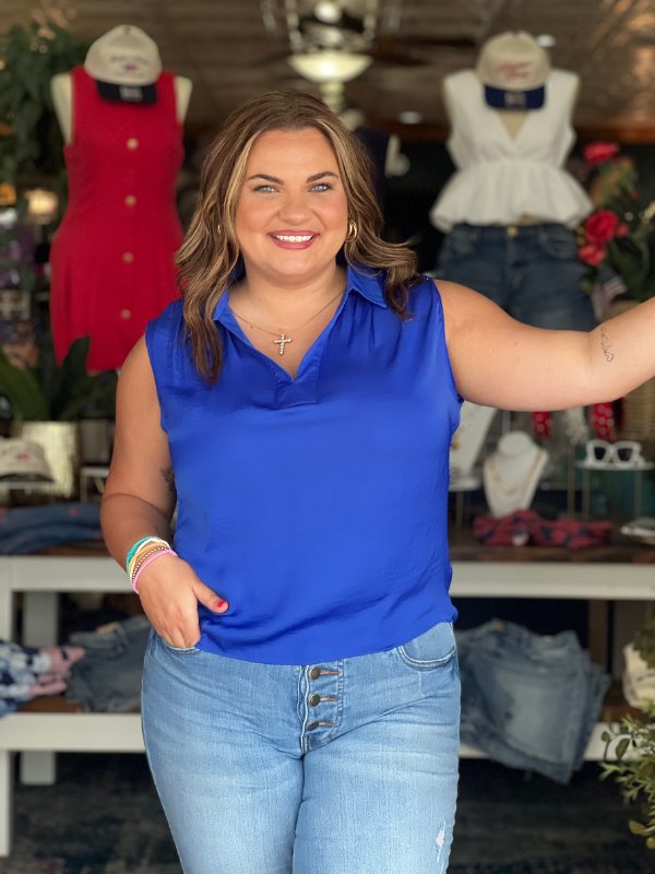 Neck Band Collar Top - Capri Blue