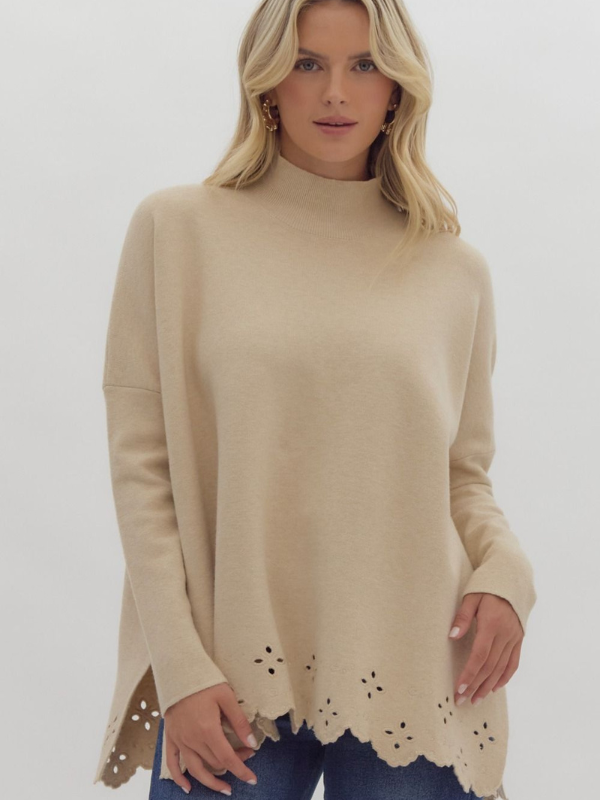 Oatmeal Mock Neck Eyelet Sweater - Themasonboutique
