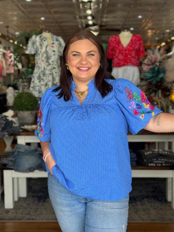 Royal Blue Floral Embroidered Sleeve Top