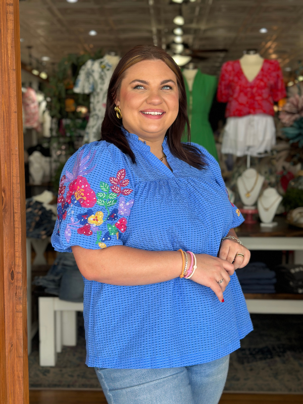 Royal Blue Floral Embroidered Sleeve Top
