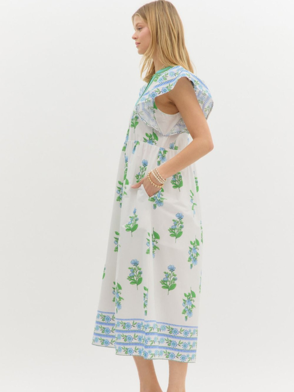 Off White + Blue + Green Floral Midi Dress