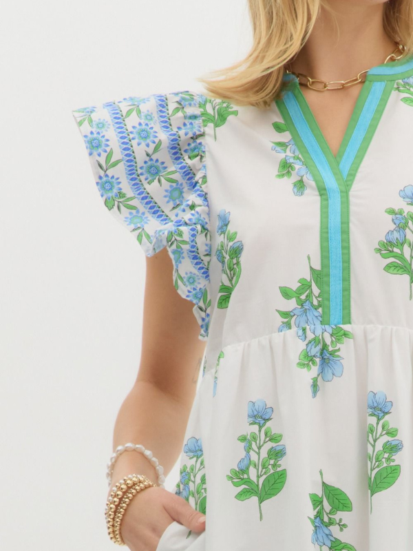 Off White + Blue + Green Floral Midi Dress