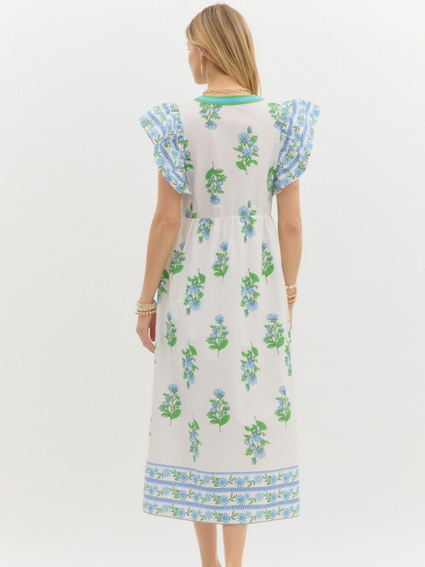 Off White + Blue + Green Floral Midi Dress