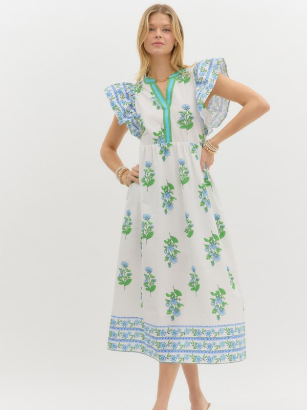 Off White + Blue + Green Floral Midi Dress