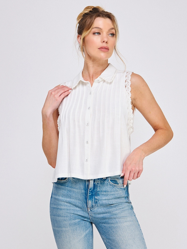 Off White Linen Pintuck Collared Shirt