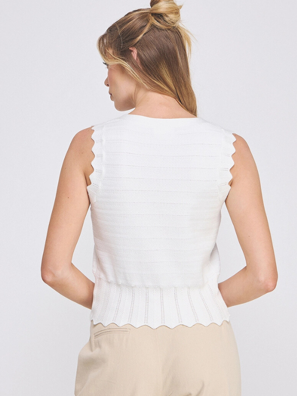 Off White Pointelle Sleeveless Button-Up