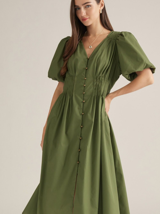 woman wearing an olive midi dress