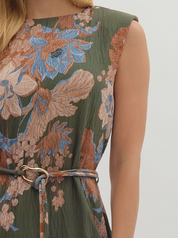 Olive Green Floral Sleeveless Midi Dress