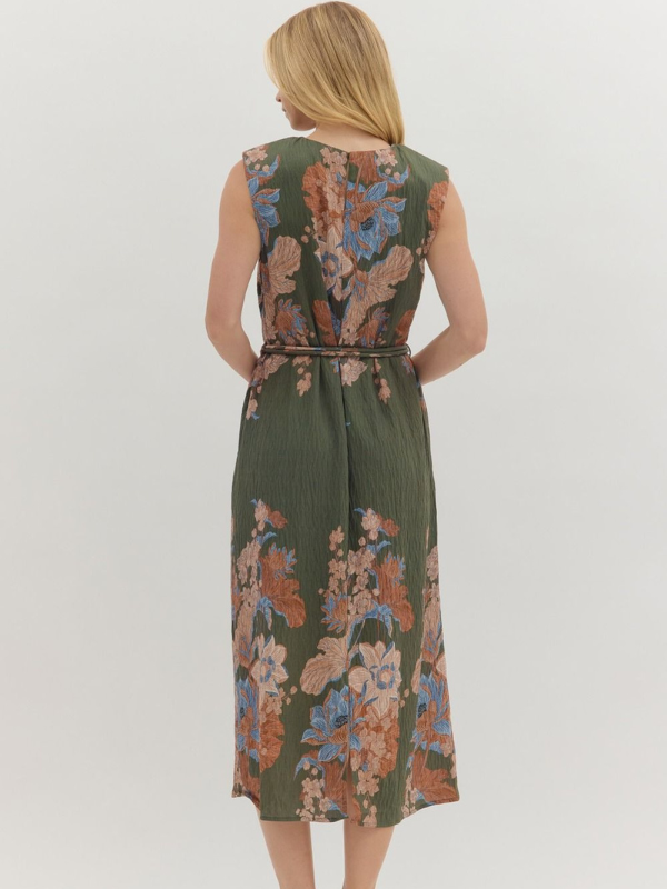Olive Green Floral Sleeveless Midi Dress