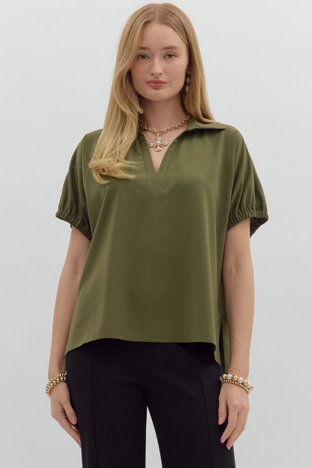 Olive Green Short Sleeve Split Collar Top