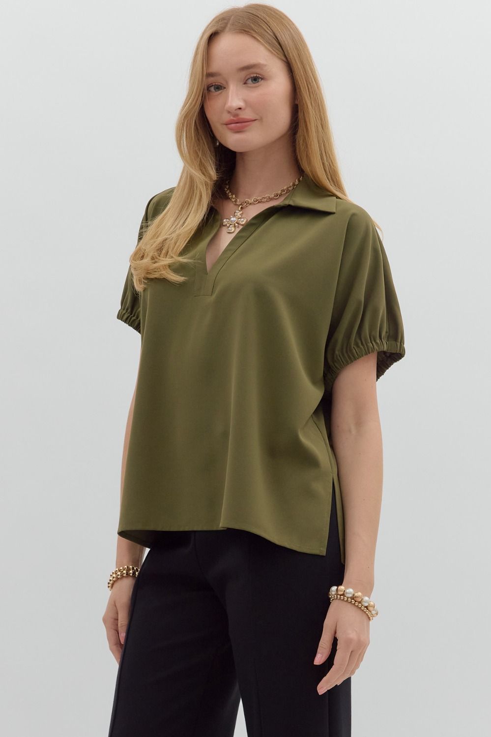 Olive Green Short Sleeve Split Collar Top