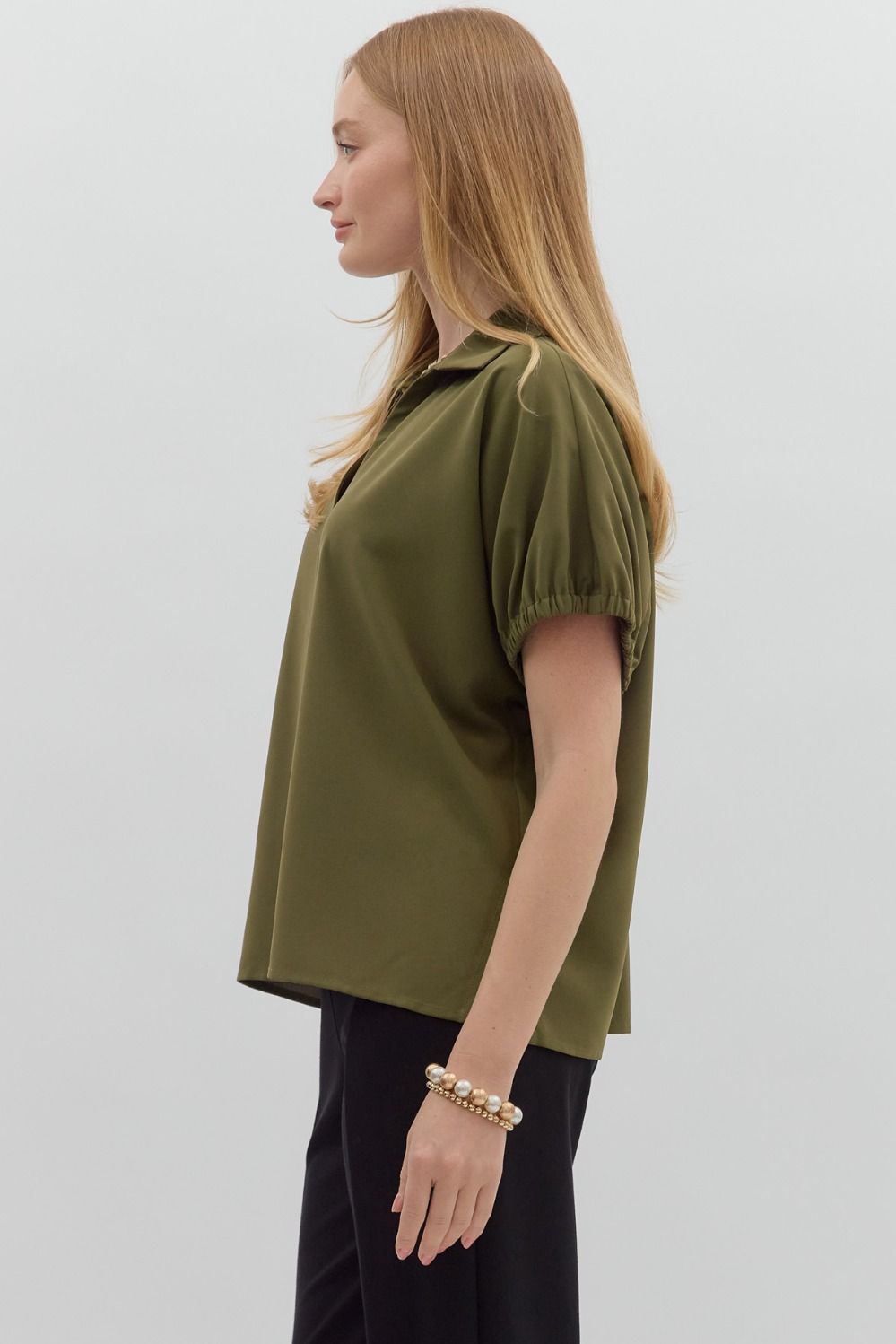 Olive Green Short Sleeve Split Collar Top
