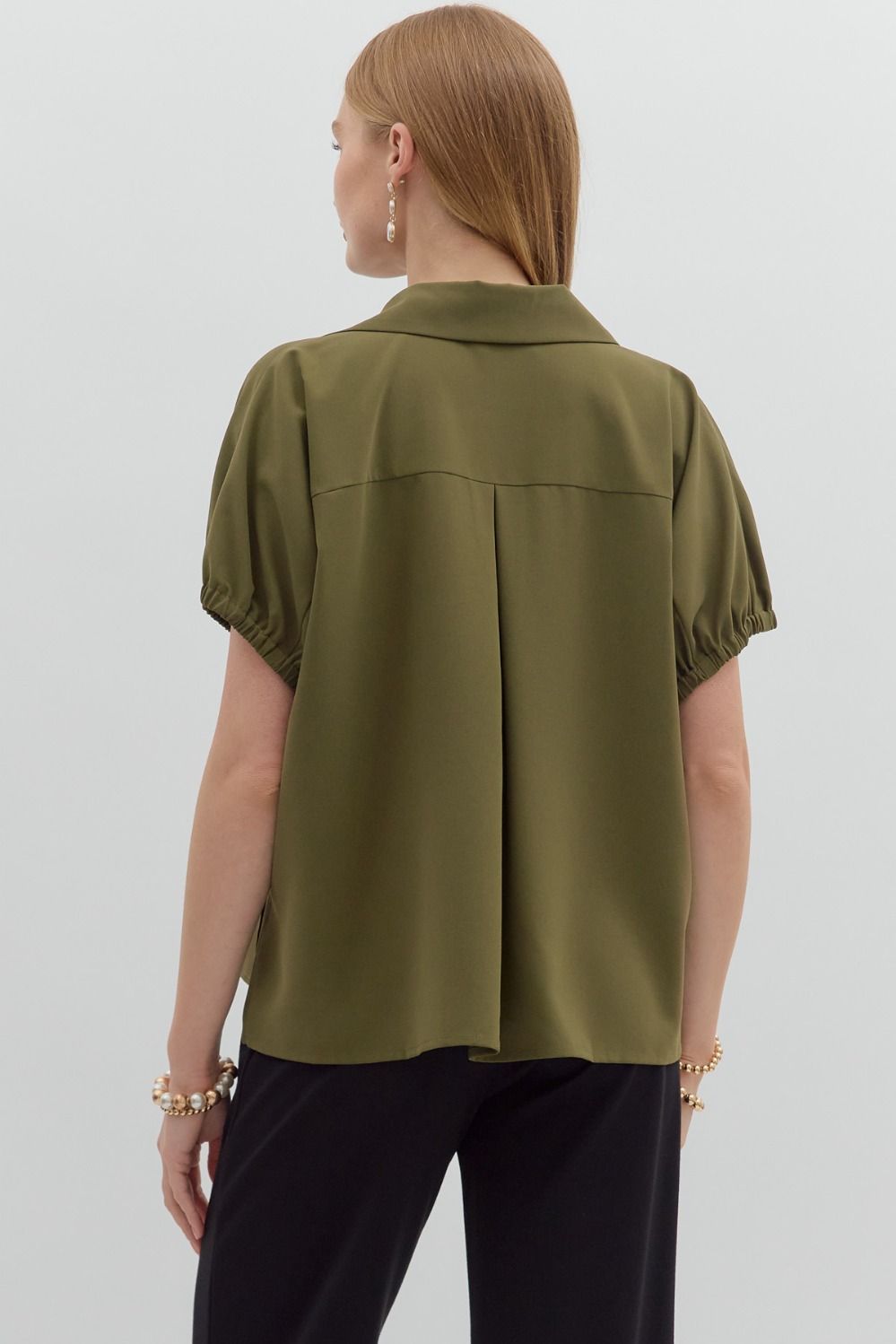 Olive Green Short Sleeve Split Collar Top
