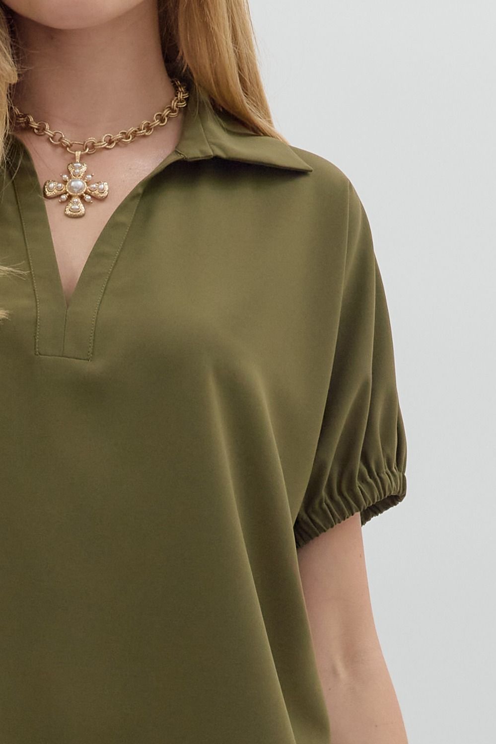 Olive Green Short Sleeve Split Collar Top