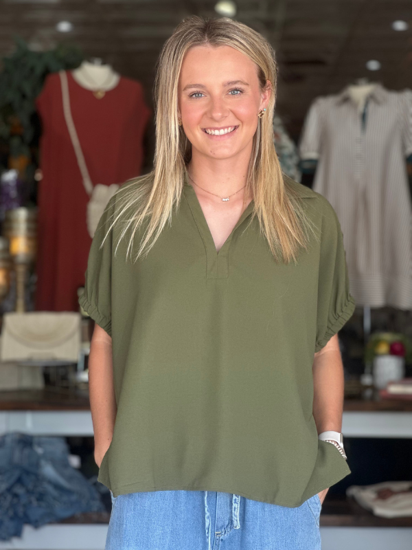 Olive Green Short Sleeve Split Collar Top