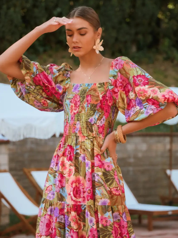 Olive Printed Maxi Dress with Bubble Sleeve