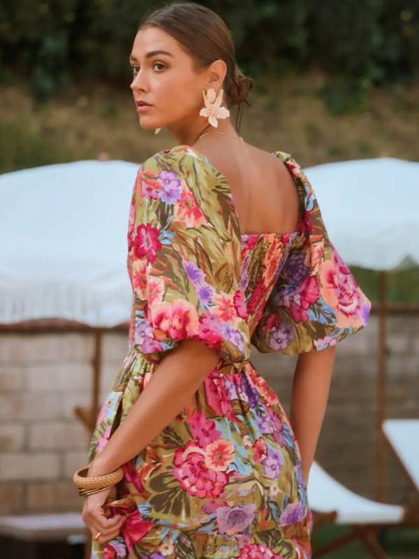 Olive Printed Maxi Dress with Bubble Sleeve
