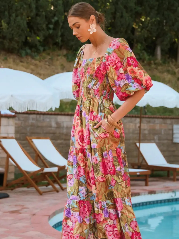 Olive Printed Maxi Dress with Bubble Sleeve