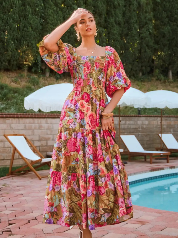 Olive Printed Maxi Dress with Bubble Sleeve