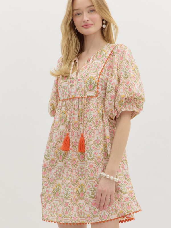 Orange + Cream Floral Print Mini Dress