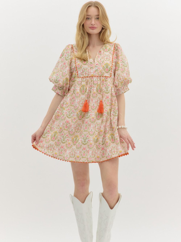 Orange + Cream Floral Print Mini Dress