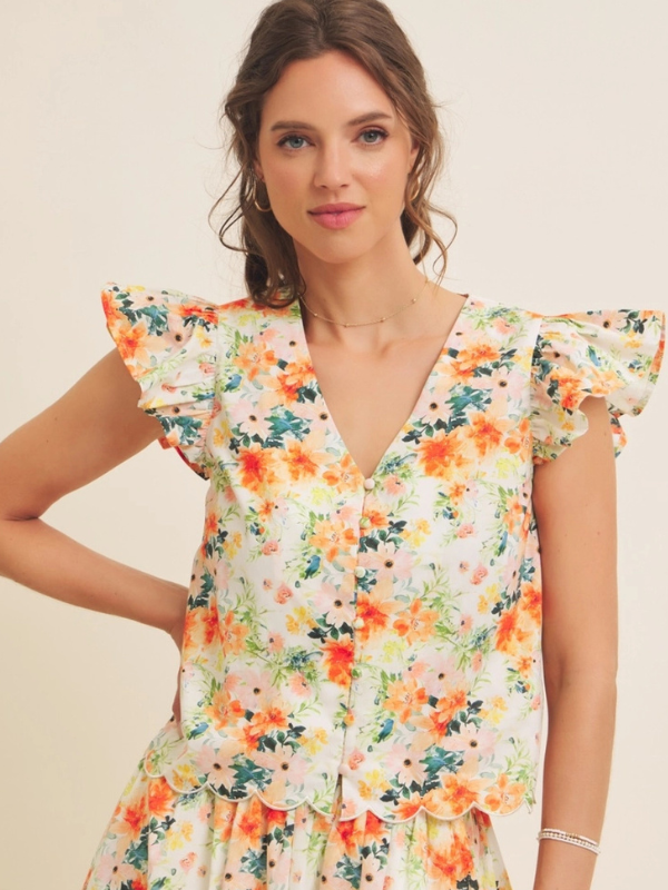 Orange Floral Print Flutter Sleeve Button Blouse