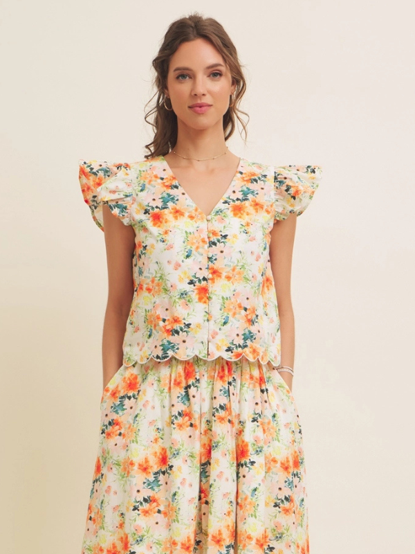 Orange Floral Print Flutter Sleeve Button Blouse