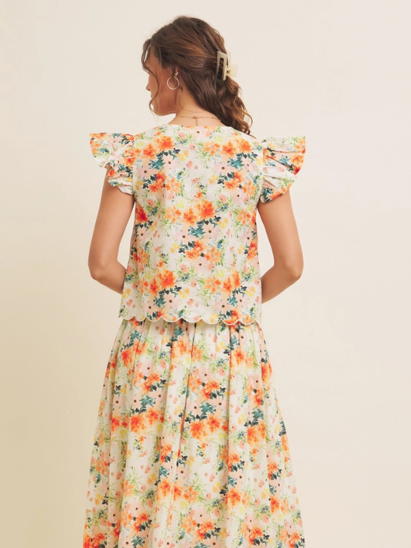 Orange Floral Print Flutter Sleeve Button Blouse