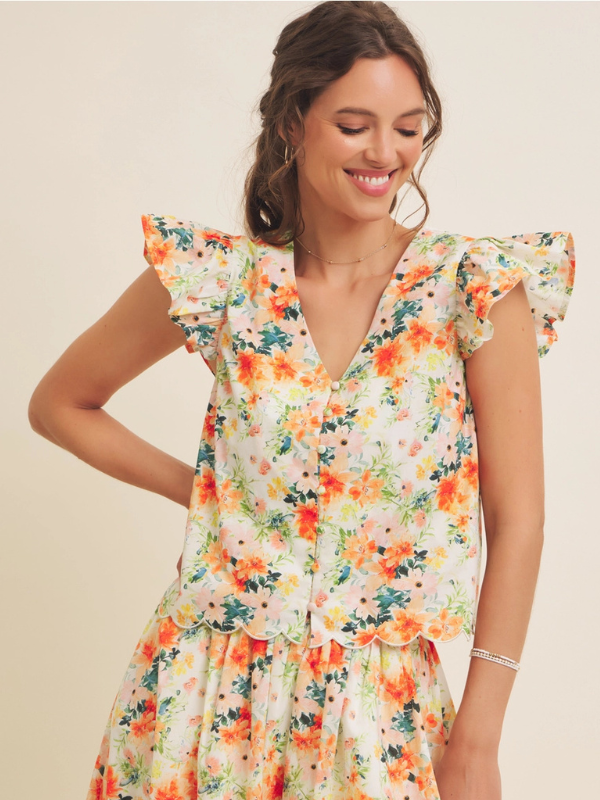 Orange Floral Print Flutter Sleeve Button Blouse