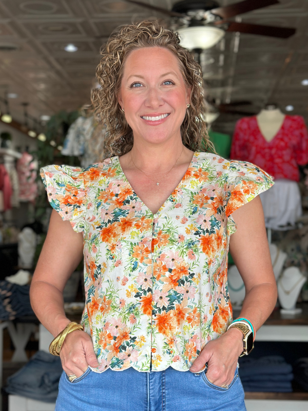 Orange Floral Print Flutter Sleeve Button Blouse