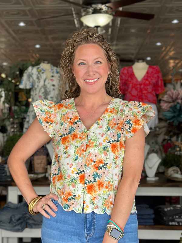 Orange Floral Print Flutter Sleeve Button Blouse