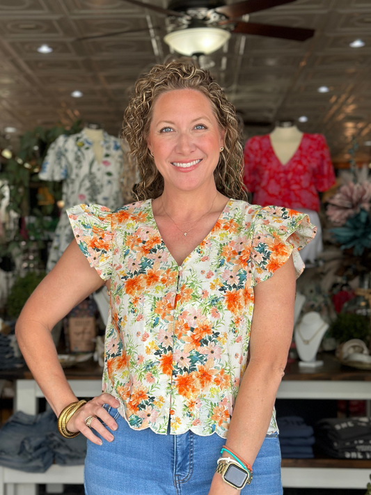 Orange Floral Print Flutter Sleeve Button Blouse
