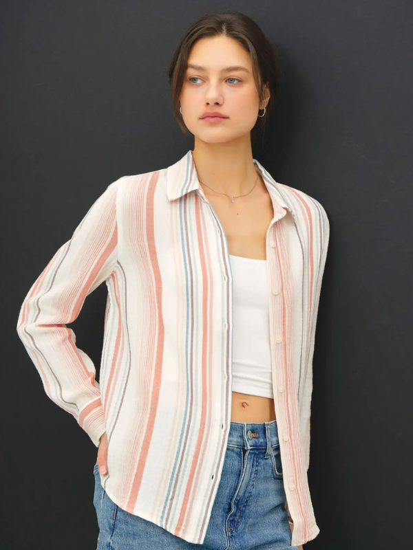Papaya Striped Gauze Top