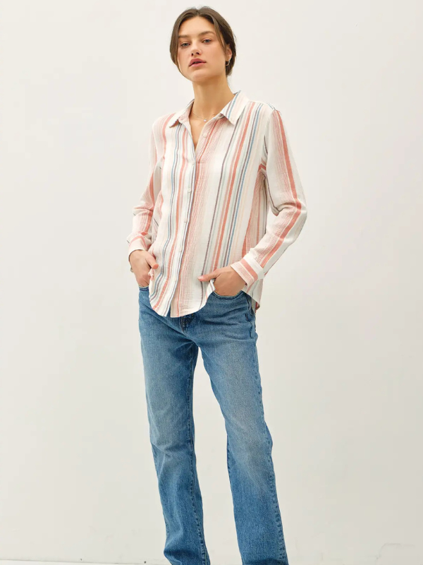 Papaya Striped Gauze Top