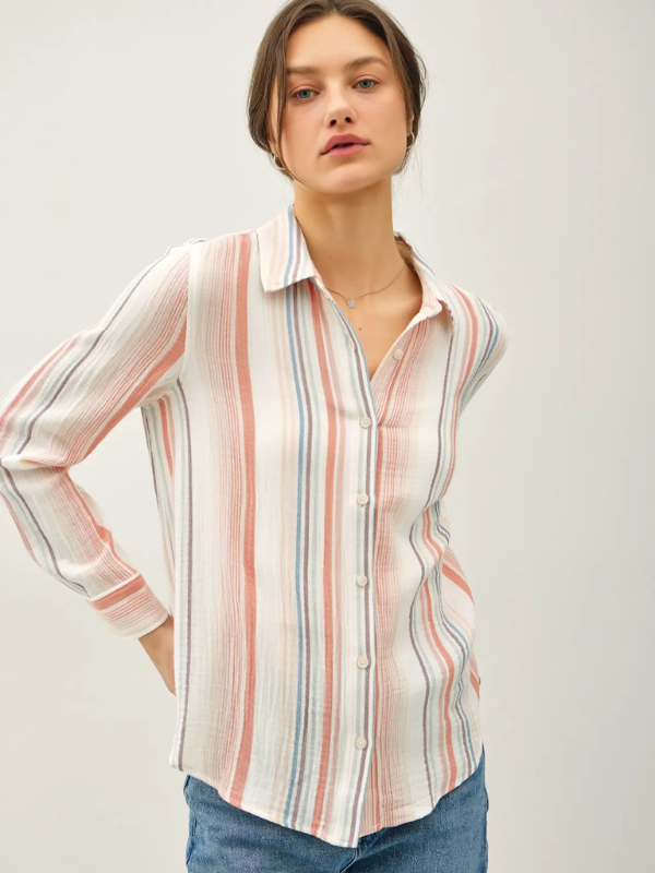 Papaya Striped Gauze Top