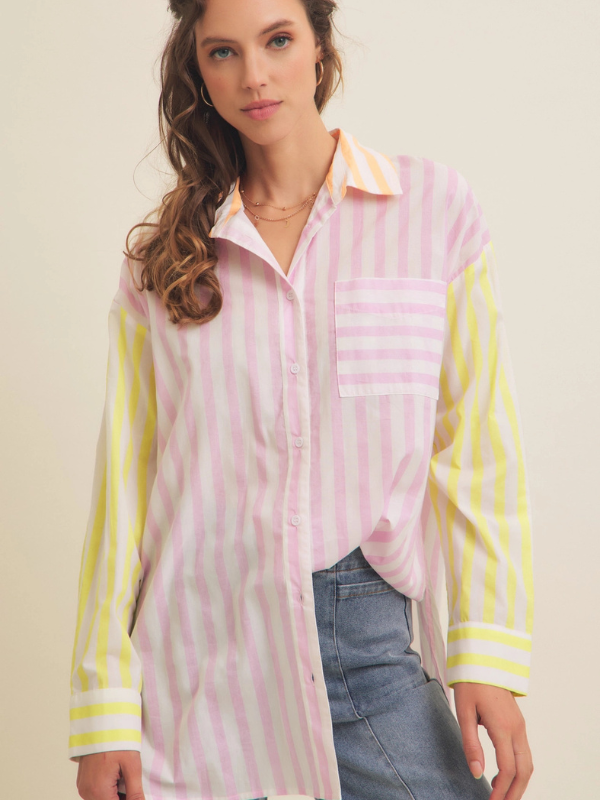 Pink Stripe Mix Button Down Shirt