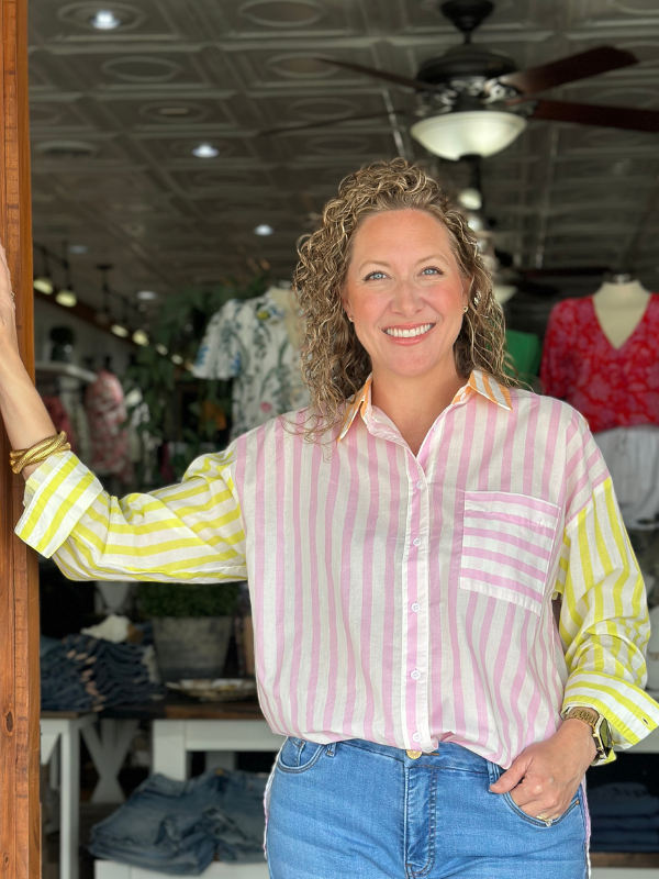 Pink Stripe Mix Button Down Shirt