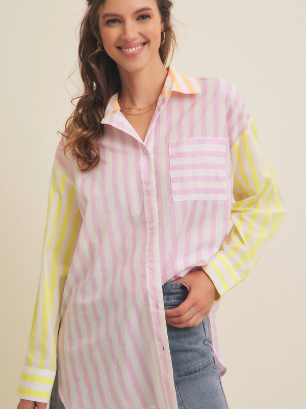 Pink Stripe Mix Button Down Shirt