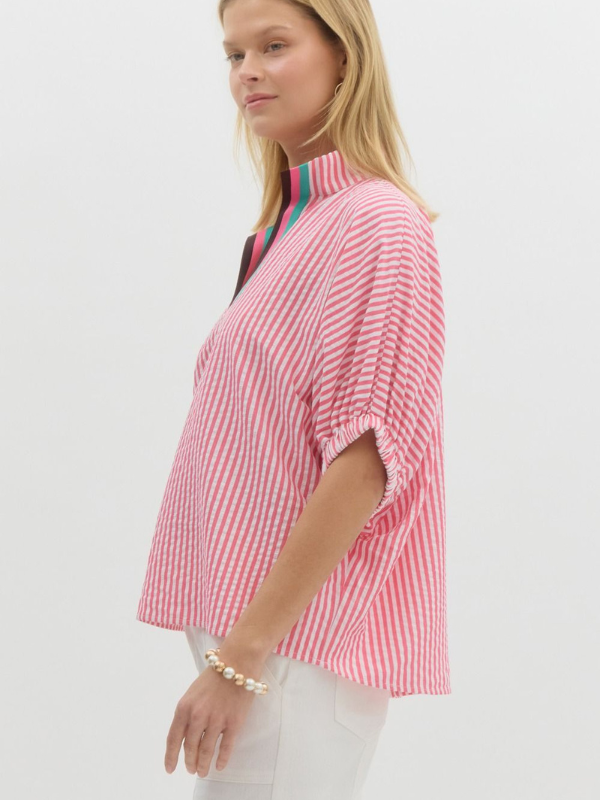 Pink Striped Contrast Collar Top