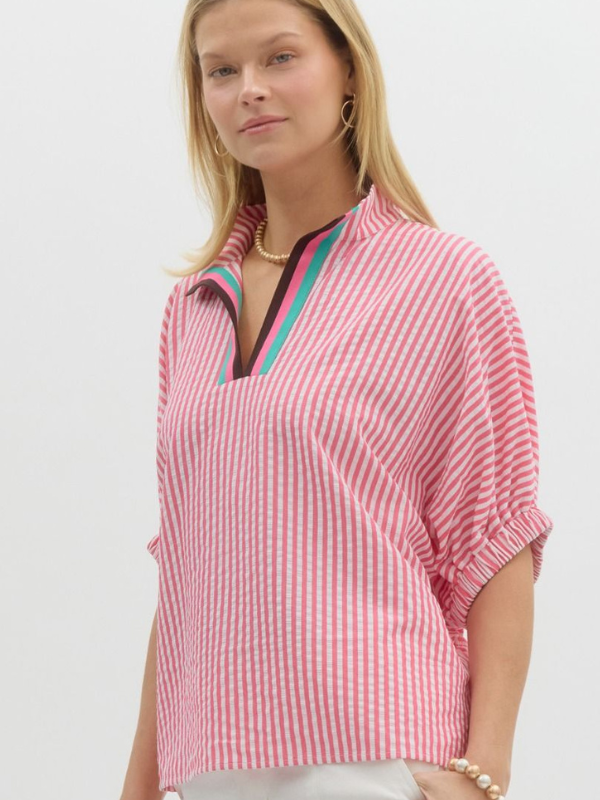 Pink Striped Contrast Collar Top