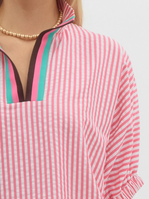 Pink Striped Contrast Collar Top